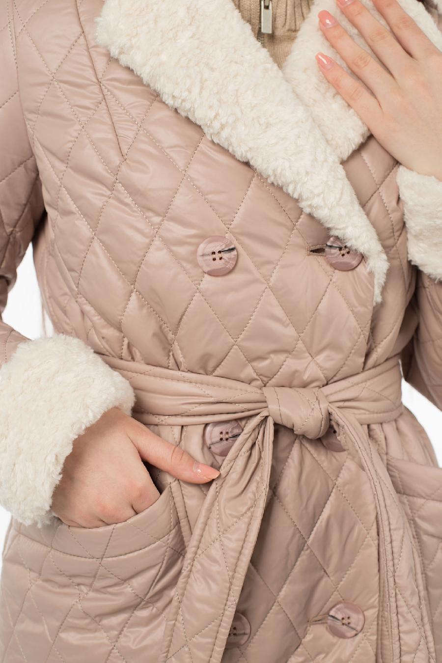 05-2063 Куртка женская зимняя (пояс) Плащевка Бежево-сиреневый