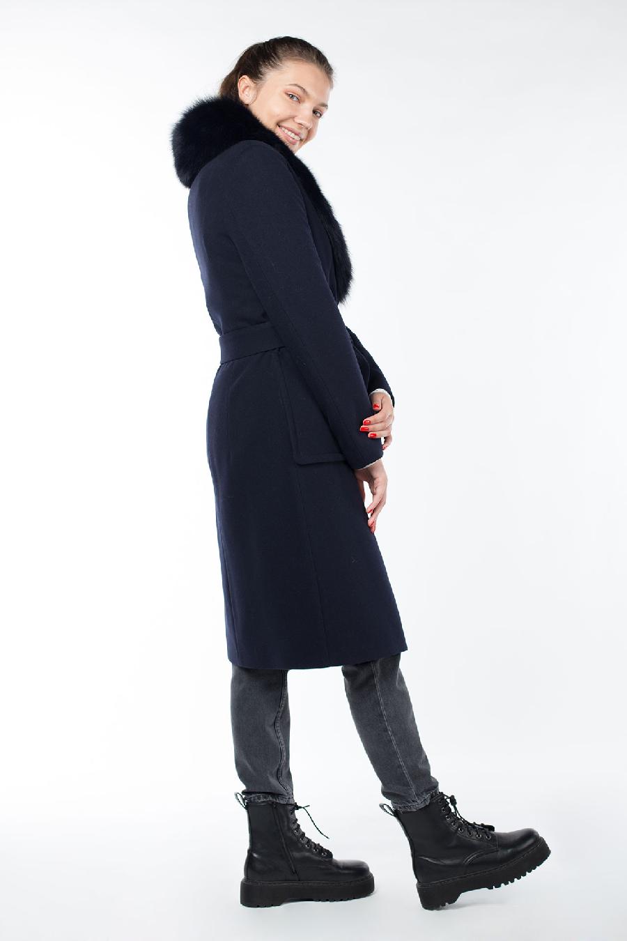 02-2799 Пальто женское утепленное (пояс) Пальтовая ткань темно-синий