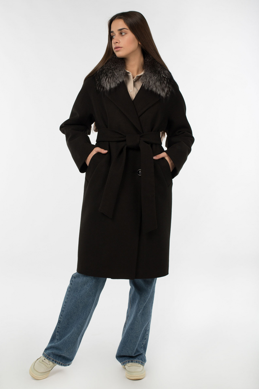 02-3063 Пальто женское утепленное (пояс) Микроворса черный