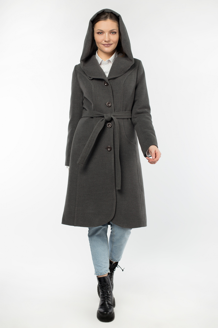 02-1197 Пальто женское утепленное (пояс) Пальтовая ткань серый
