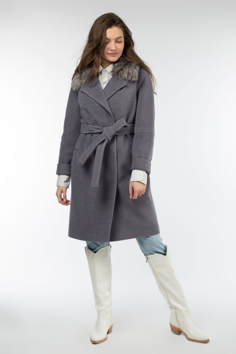 02-3021 Пальто женское утепленное (пояс) валяная шерсть серо-голубой