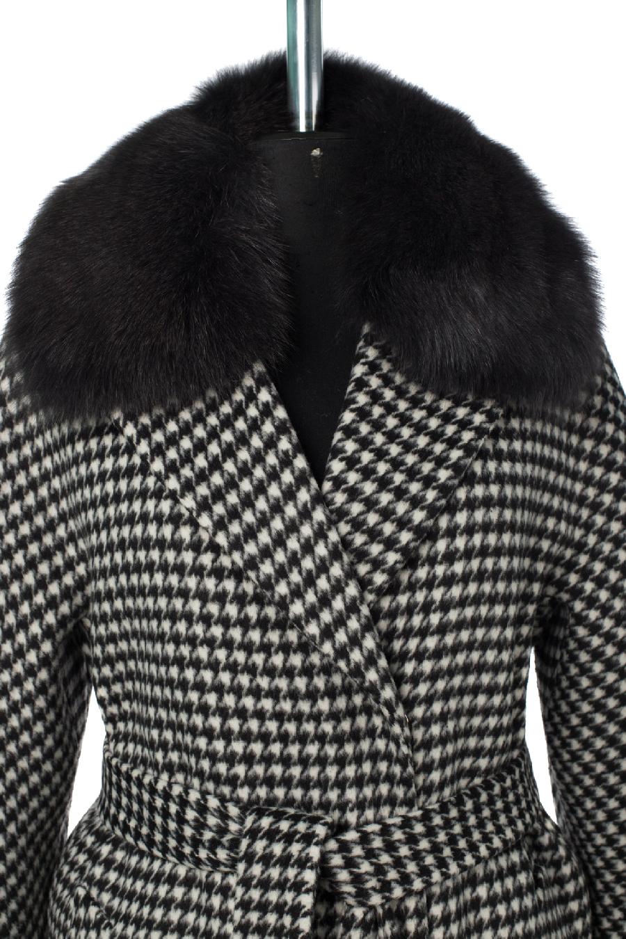 02-3091 Пальто женское утепленное (пояс) Микроворса черно-белый