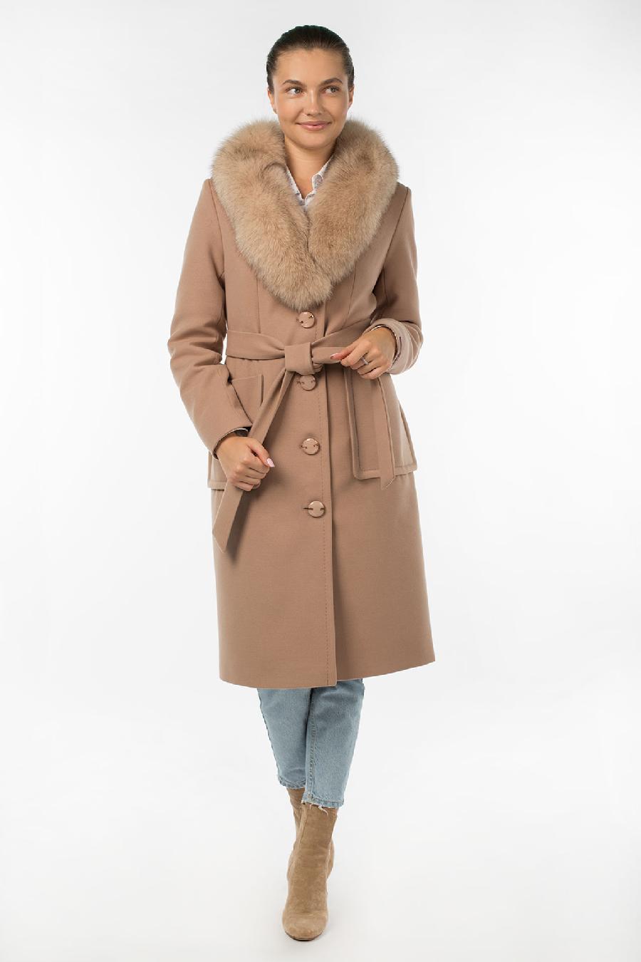 02-3055 Пальто женское утепленное (пояс) Пальтовая ткань бежевый