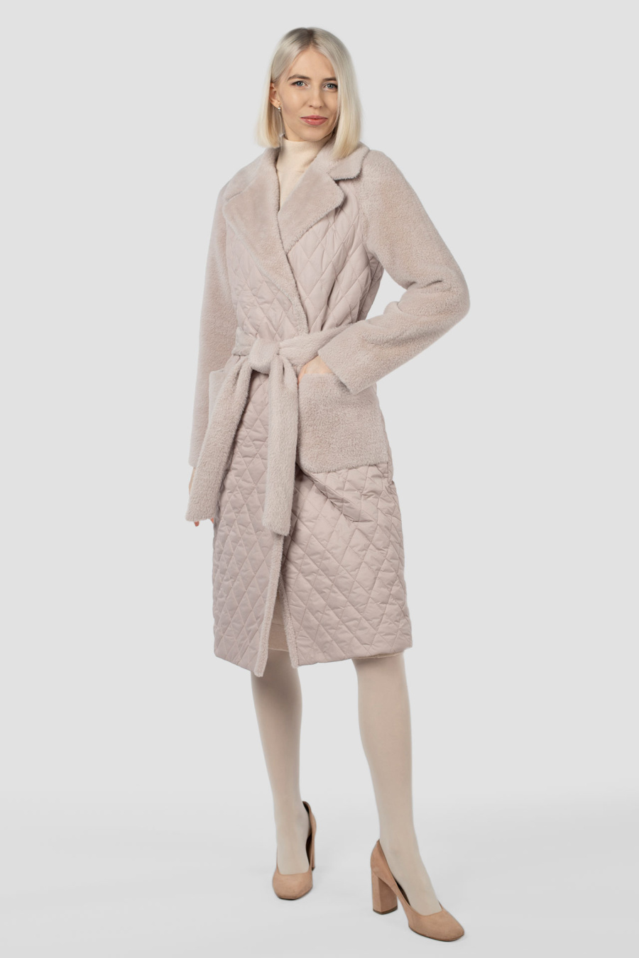 01-11536 Пальто женское демисезонное (пояс) ворса/плащевка розово-бежевый