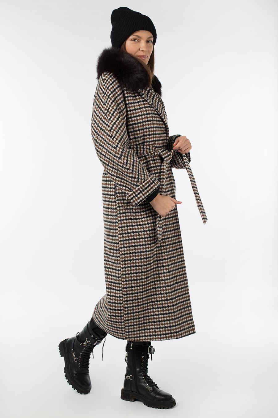 02-3092 Пальто женское утепленное (пояс) Микроворса Коричнево-черный