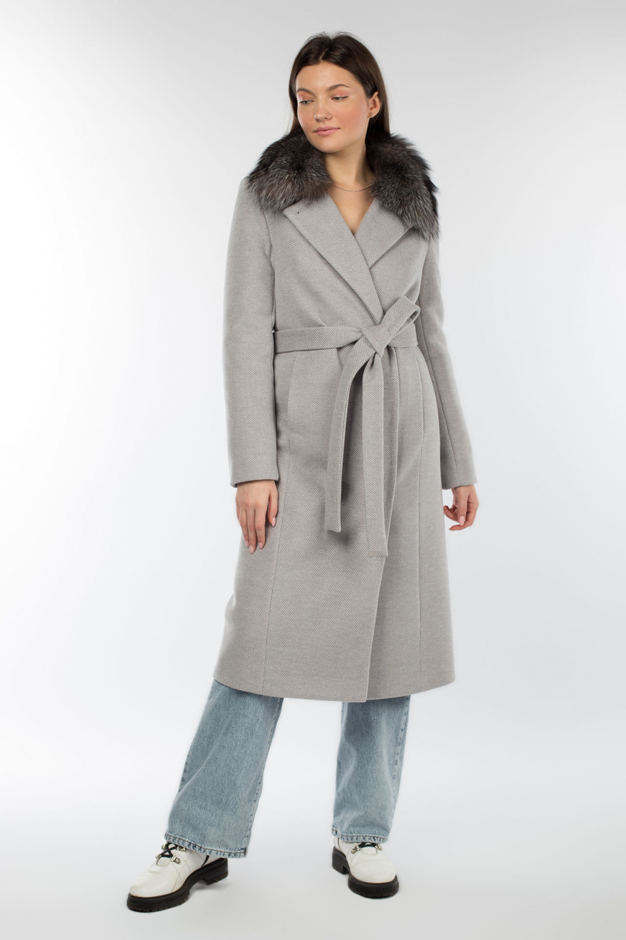 02-3045 Пальто женское утепленное (пояс) Микроворса светло-серый