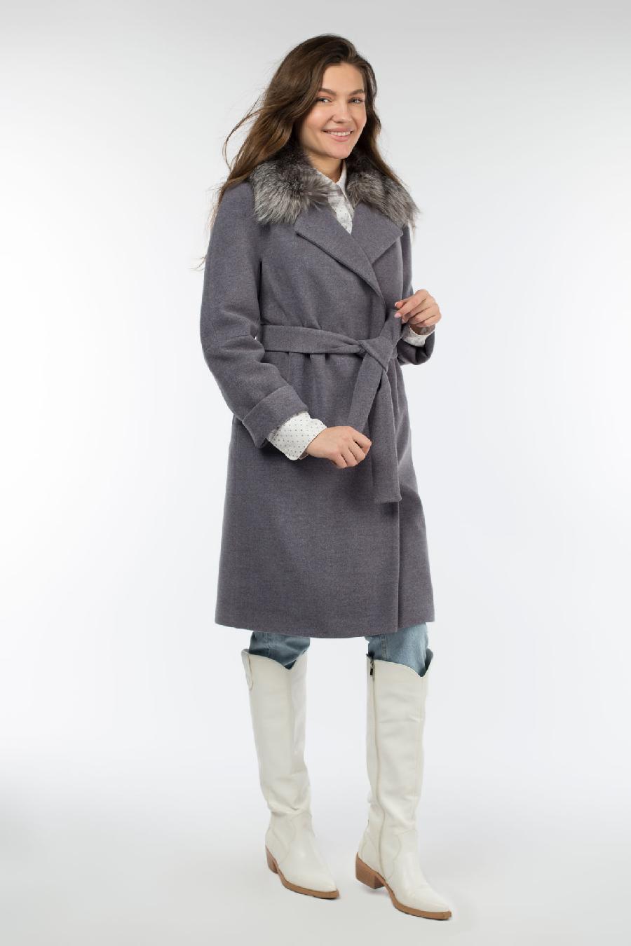 02-3021 Пальто женское утепленное (пояс) валяная шерсть серо-голубой