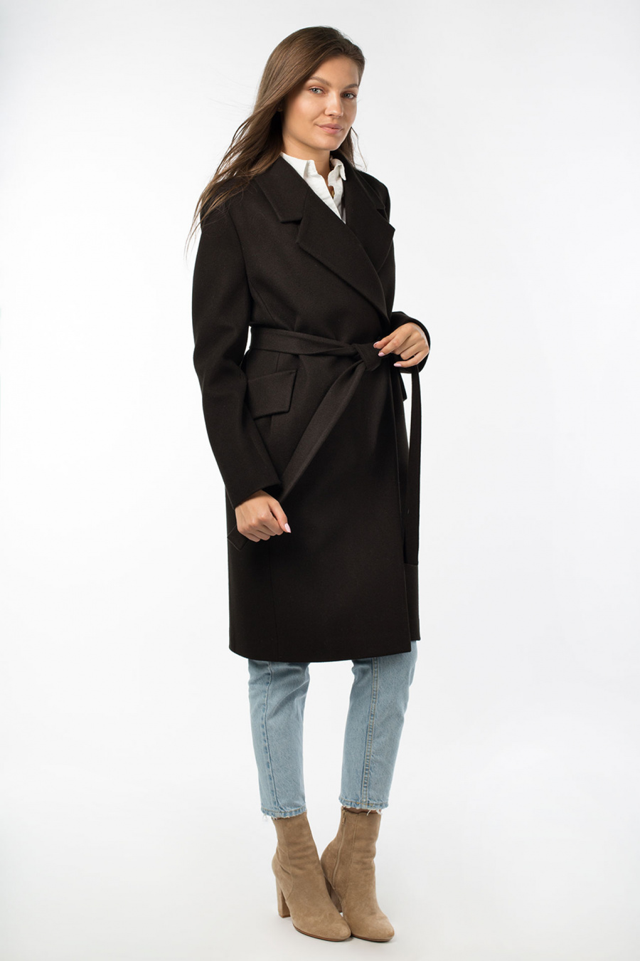 01-10622 Пальто женское демисезонное (пояс) валяная шерсть черный