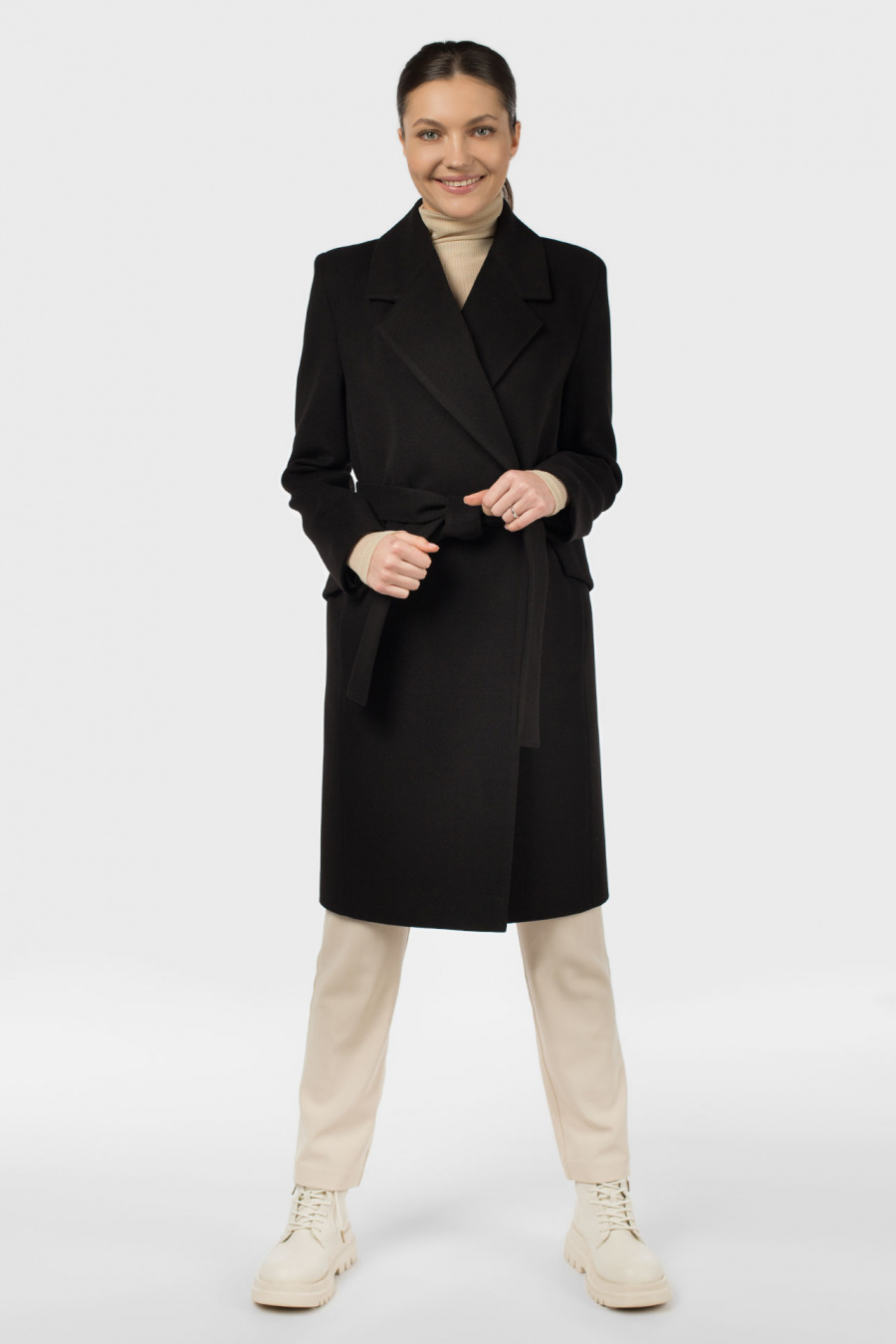 01-11256 Пальто женское демисезонное (пояс) Пальтовая ткань черный