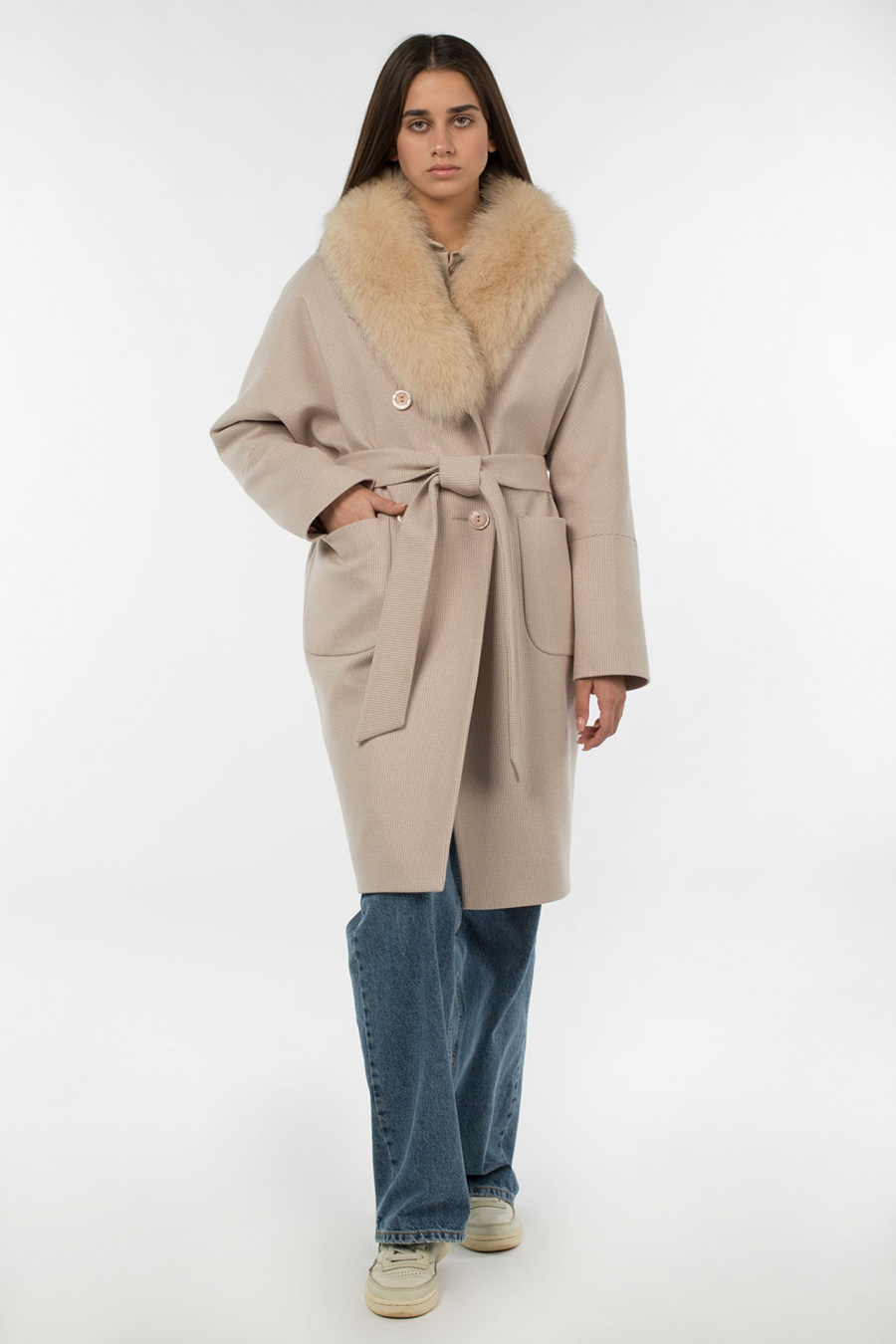 02-3061 Пальто женское утепленное (пояс) Ворса бежевый